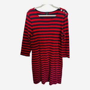 Talbots Red and Blue Stripe 3/4 Sleeve Knit Dress Size L Nautical Button Detail